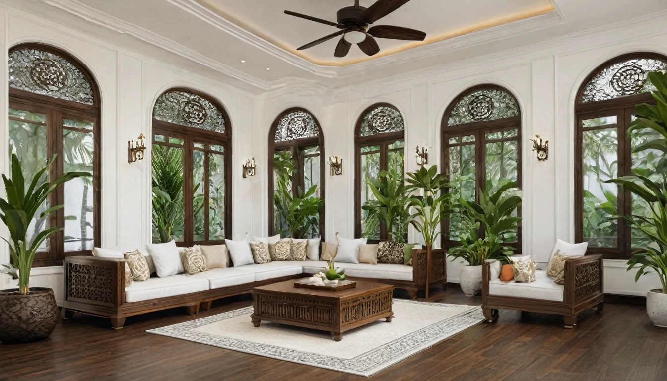 Render a luxurious Indochine-style living room that complements the exterior facade of a 5-meter-wide, 3-story townhouse. The living room features classic wooden furniture with intricate carvings, upholstered with rich, patterned fabrics in warm tones. The walls are painted in a soft white hue, adorned with traditional Indochine motifs and wooden wall panels. Large arched windows with wooden shutters allow natural light to flood the space, while decorative ceiling fans and pendant lights with a hint of oriental design provide ambient lighting. The flooring is a blend of dark hardwood and patterned tiles, adding texture and warmth. Tropical indoor plants and traditional art pieces are strategically placed to enhance the cultural ambiance. 

8k resolution, UHD, high-quality detail, Indochine style, luxurious living room, classic wooden furniture, intricate carvings, patterned fabrics, warm tones, soft white walls, traditional Indochine motifs, wooden wall panels, arched windows, wooden shutters, natural light, decorative ceiling fans, pendant lights, oriental design, dark hardwood flooring, patterned tiles, tropical indoor plants, traditional art pieces.
