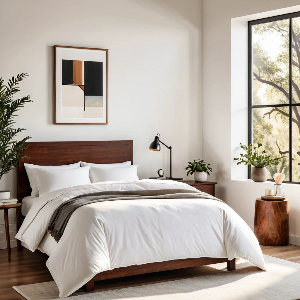 there is a bed with a white comforter, white walls iron bark, radiant morning light, a picture on a nightstand
