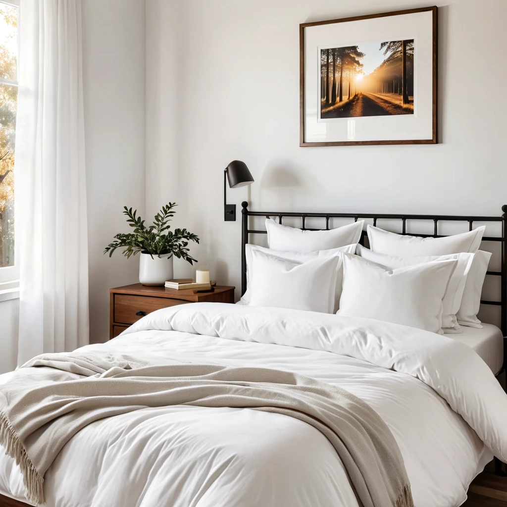 there is a bed with a white comforter, white walls iron bark, radiant morning light, a picture on a nightstand
