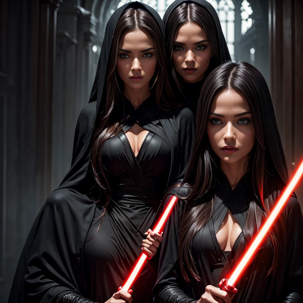 2 beautiful detailed woman with long dark hair wearing a black hooded robe, dramatic lighting,glowing red lightsaber,(2 girls,masterpiece:1.2),ultra-detailed,photorealistic,sci-fi,dramatic cinematic lighting,moody atmosphere,dark fantasy,high contrast,muted color palette