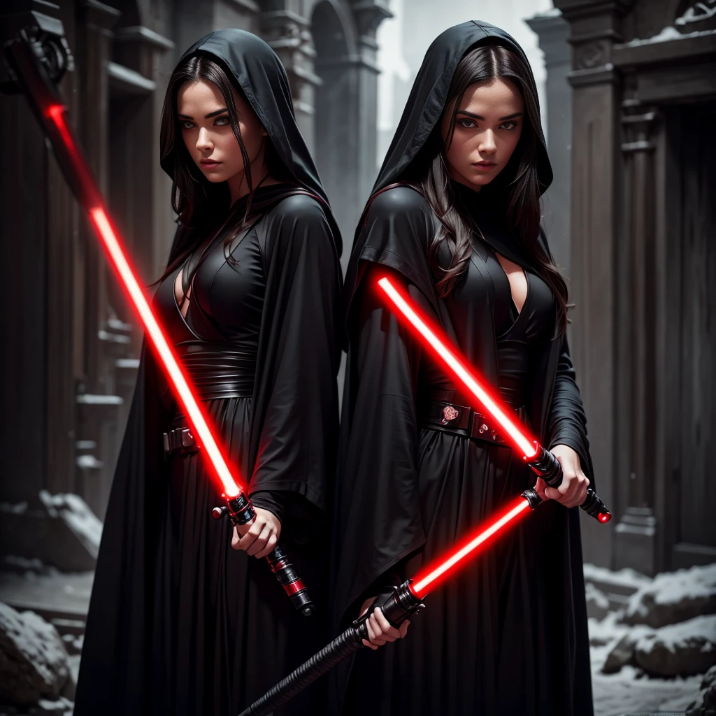 2 beautiful detailed woman with long dark hair wearing a black hooded robe, dramatic lighting,glowing red lightsaber,(2 girls,masterpiece:1.2),ultra-detailed,photorealistic,sci-fi,dramatic cinematic lighting,moody atmosphere,dark fantasy,high contrast,muted color palette