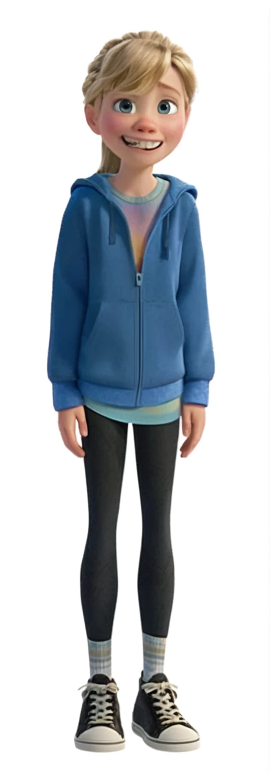a disney pixar character of a girl in a blue jacket and black pants, wearing a blue hoodie, blonde hair, blue eyes, ponytail, angry look, braces
