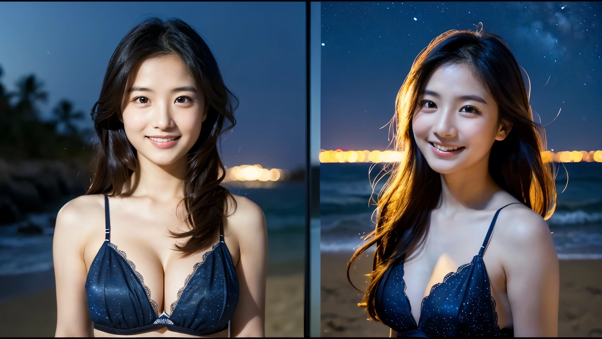 (((Do not split screen)))、A 20-year-old woman with a very cute face like an idol、Smile a little,(Cleavage)、(((Beautiful starry sky on the beach at night)))、((cinematic lighting))、(((The lighting is dim, with only starlight.)))、((Long-distance shot))、RAW Photos、Genuine、live-action、((live-actionと見分けがつかないクオリティ))、(Artistic Expression)、High resolution、masterpiece