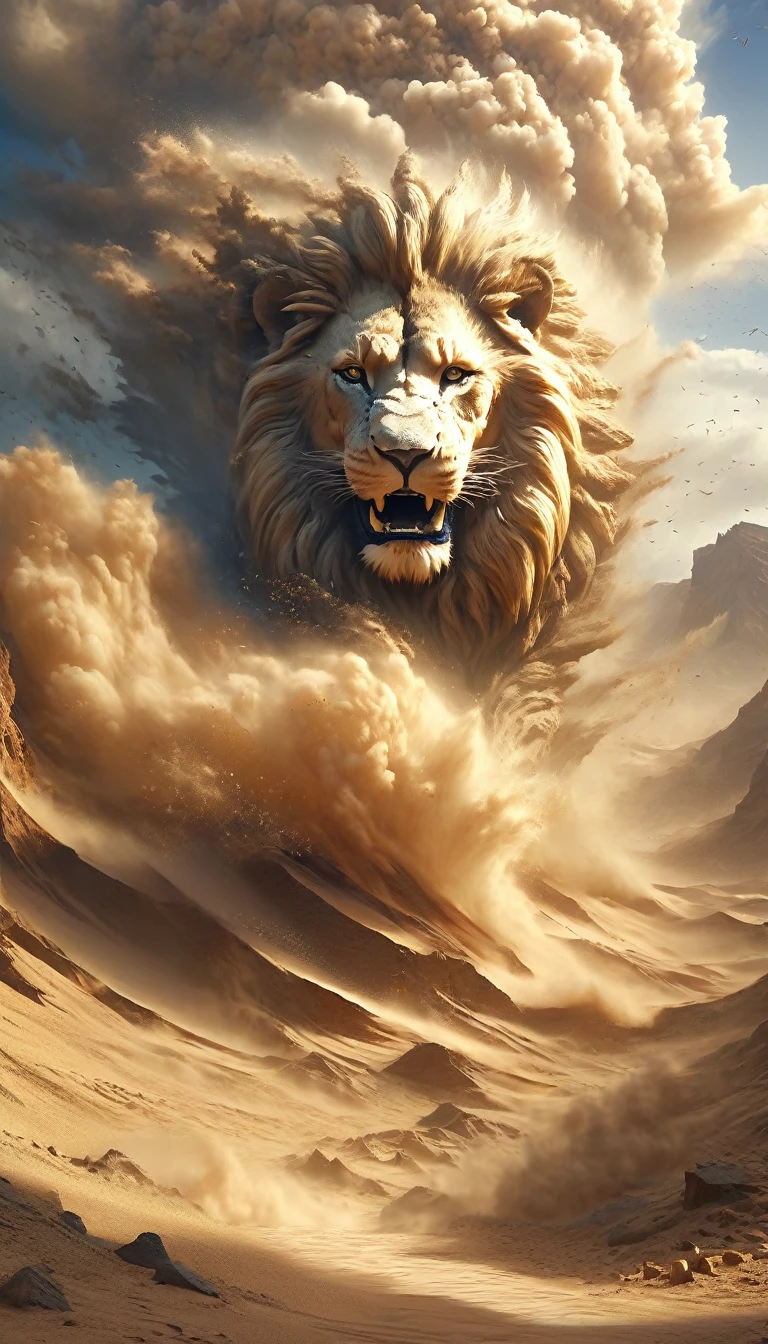 (desert canyon:1.5)，Narrow canyon in the middle of the desert,sandstorm，lion face made of sand in sandstorm, tornado， in the style of photo realistic landscapes, Stone sculptures, cabin core, Stone, in the style of photo realistic landscapes, cabin core, rolling waves,decorative background, photo realistic landscapes, large canvas format, 32k ultra high definition, photo, The best qualities of imaginative landscapes,4K,8K,High resolution,masterpiece:1.2),super detailed,(actual,realistically,realistically:1.37),
