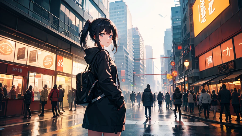 An anime girl walking confidently through a bustling city street at sunrise, holding a guitar case in one hand. She is wearing a casual yet stylish outfit, with a joyful and determined expression on her face. Her hair flows gently in the morning breeze as she moves through the cityscape. The background features tall buildings, neon signs, and the vibrant energy of the city coming to life. The streets are filled with the first light of dawn, casting a warm, golden hue over everything, symbolizing new beginnings and endless possibilities. The girl is surrounded by the hustle and bustle of city life, yet she stands out with her unique presence and passion. The atmosphere is filled with a sense of excitement, adventure, and the thrill of chasing dreams, with dynamic lighting highlighting her journey. The overall mood is one of resilience, freedom, and the unstoppable pursuit of dreams in an urban environment.