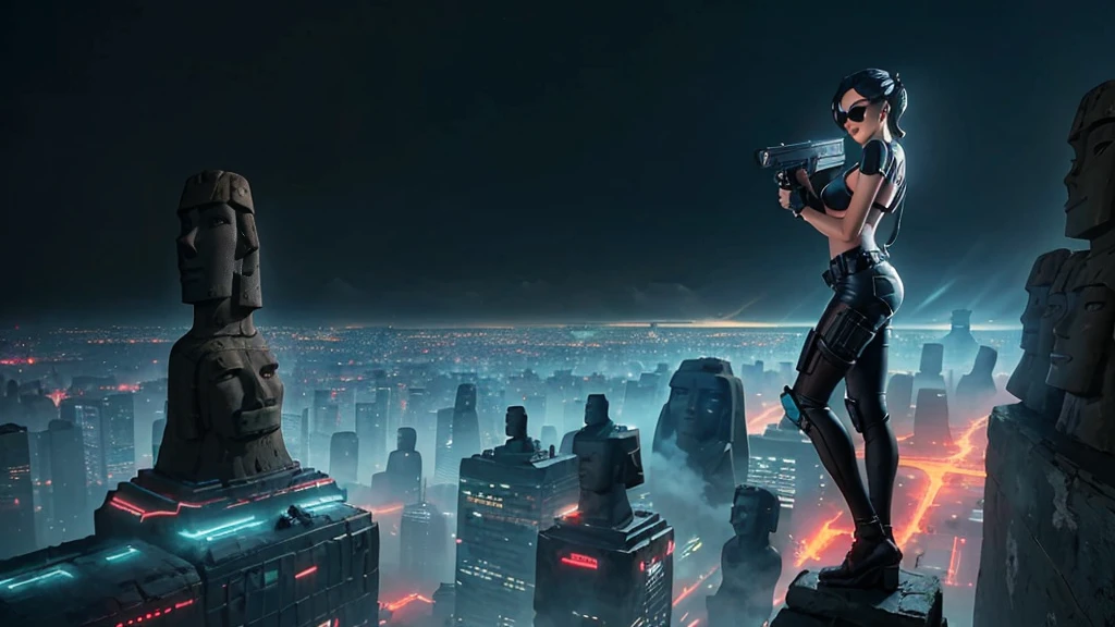 At night, dark sky, aerial view of fantasy cyberpunk style ((Moai-statue)) city, ((flying vehicle)). ((1girl, solo, alone)), photo realistic, medium-breast:1.1 slim body, cleavage, sexy clothes, (black sunglasses), (((hip-up standing and pistol aiming pose))), half-body thigh level medium shot, cinematic lighting.