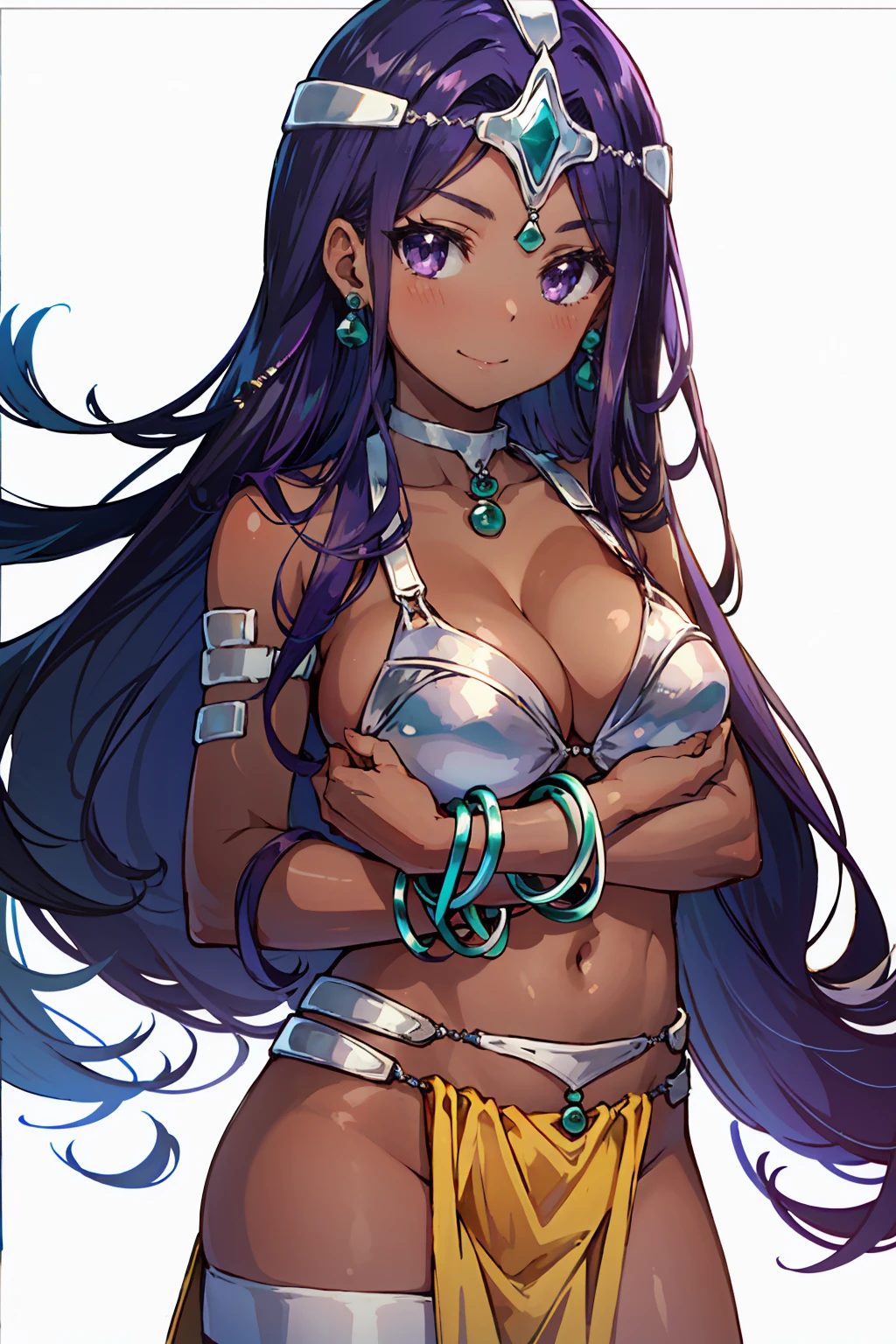 1girl, solo, dqManya, white background, cowboy shot, purple hair, bikini, loincloth, large breasts, cleavage, soft stomach, circlet, earrings, choker, bracelet, armlet, closed mouth, smile, blush