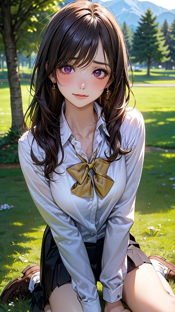 (masterpiece:1.2, top-quality), (realistic, photorealistic:1.4), beautiful illustration, (natural side lighting, movie lighting),
looking at viewer, front view, 1 girl, japanese, high school girl, perfect face, cute and symmetrical face, shiny skin,
(long hair:1.6, straight hair:1.5, messy hair, sidelocks, brown hair), crossed bangs, dark purple eyes, long eye lasher, (large breasts:0.6, seductive thighs),
beautiful hair, beautiful face, beautiful detailed eyes, beautiful clavicle, beautiful body, beautiful chest, beautiful thigh, beautiful legs, beautiful fingers,
((long sleeve white collared shirts, black pleated skirt, yellow bow tie)),
(beautiful scenery), In the grass of the meadow, {((a girl, on all fours, from behind, from the big dog, holding her waist with her front paws, the lower half of the dog's body and the lower half of the woman's body in close contact))}
Her face, bright red, flushed high, both eyes closed, mouth open, whimpering.
The skirt is very short.