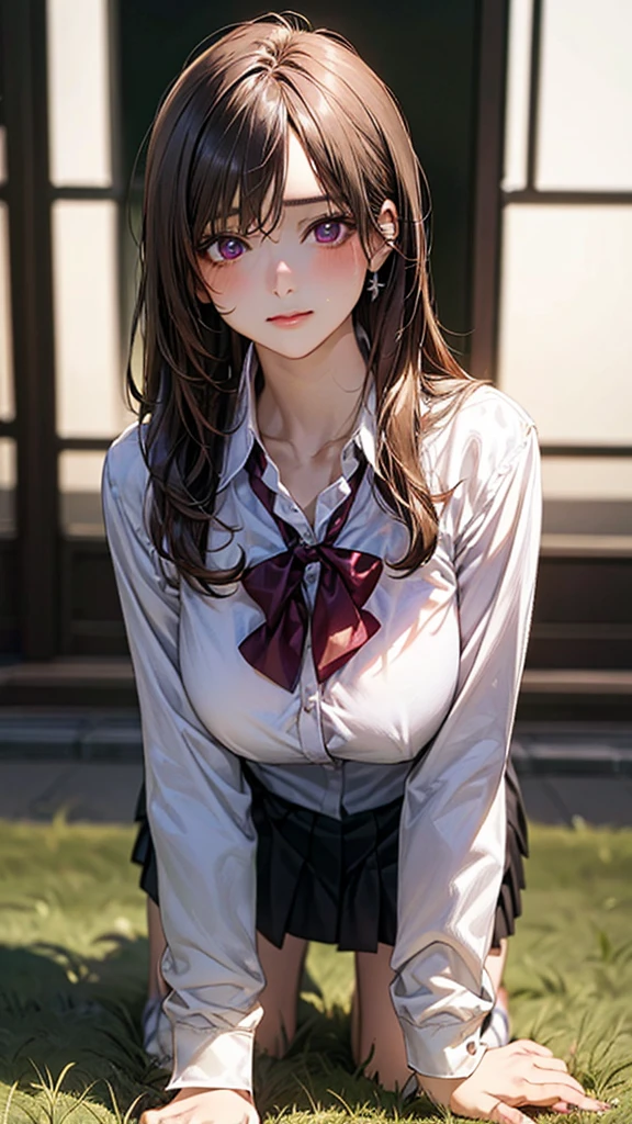 (masterpiece:1.2, top-quality), (realistic, photorealistic:1.4), beautiful illustration, (natural side lighting, movie lighting),
looking at viewer, front view, 1 girl, japanese, high school girl, perfect face, cute and symmetrical face, shiny skin,
(long hair:1.6, straight hair:1.5, messy hair, sidelocks, brown hair), crossed bangs, dark purple eyes, long eye lasher, (large breasts:0.6, seductive thighs),
beautiful hair, beautiful face, beautiful detailed eyes, beautiful clavicle, beautiful body, beautiful chest, beautiful thigh, beautiful legs, beautiful fingers,
((long sleeve white collared shirts, black pleated skirt, yellow bow tie)),
(beautiful scenery), In the grass of the meadow, {((a girl, on all fours, from behind, from the big dog, holding her waist with her front paws, the lower half of the dog's body and the lower half of the woman's body in close contact))}
Her face, bright red, flushed high, both eyes closed, mouth open, whimpering.
The skirt is very short.