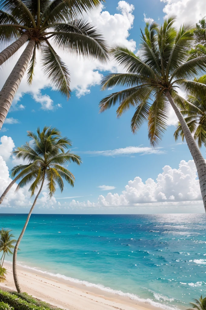 Coconut trees next to the sea with lots of sea waves