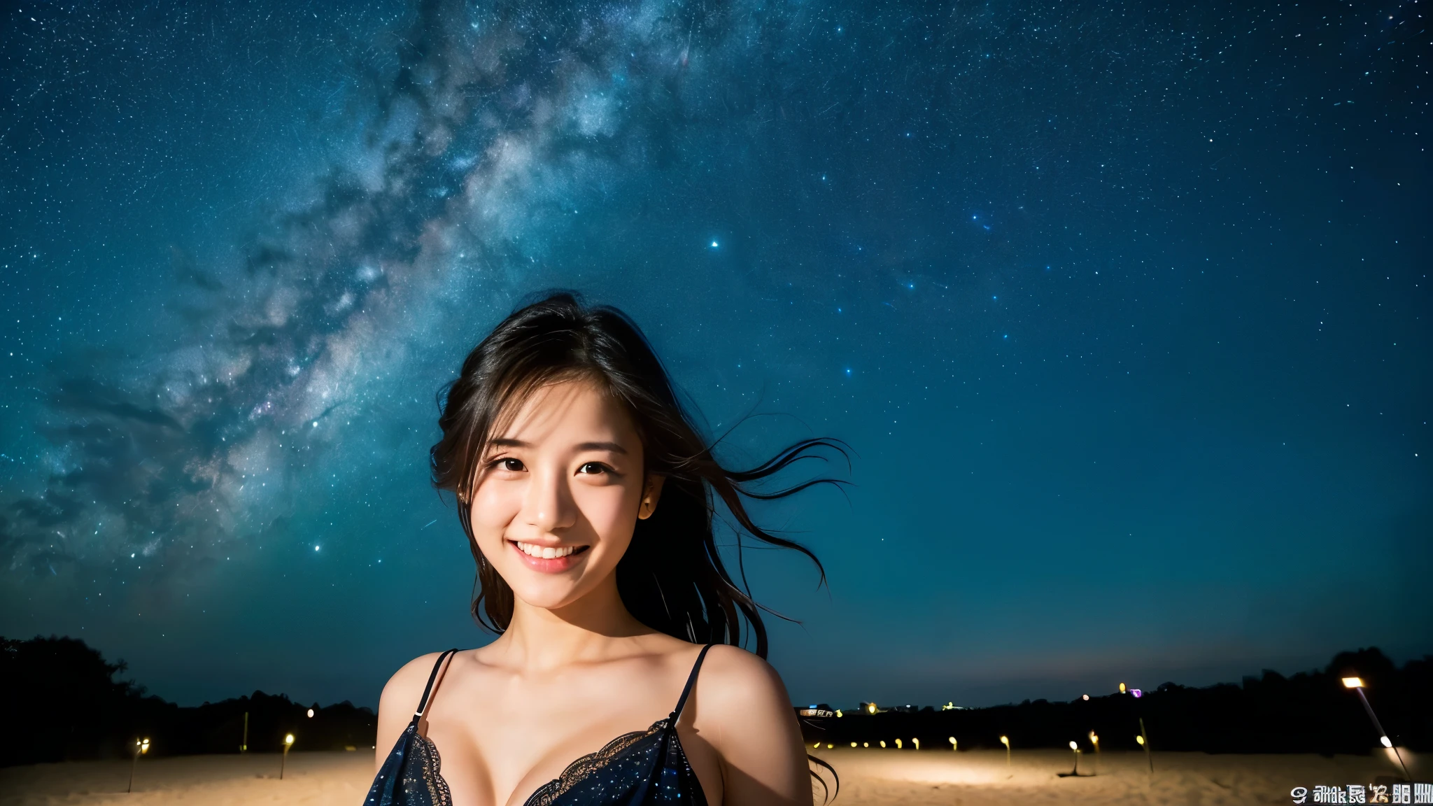 (((one image)))、A 20-year-old woman with a very cute face like an idol、Smile a little,(Cleavage)、(((Beautiful starry sky on the beach at night)))、((cinematic lighting))、(((The lighting is dim, with only starlight.)))、((Long-distance shot))、RAW Photos、Genuine、live-action、((live-actionと見分けがつかないクオリティ))、(Artistic Expression)、High resolution、masterpiece