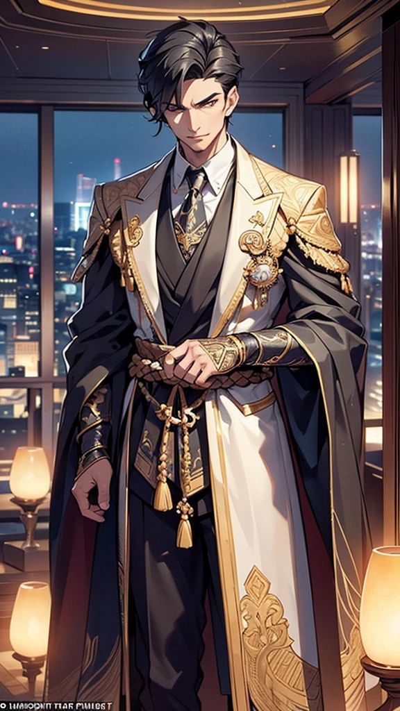 A strikingly handsome young man stands with an air of absolute confidence and superiority. He has a sharp, chiseled face with high cheekbones, a strong jawline, and piercing dark eyes that radiate arrogance and intelligence. His black hair is stylishly cut, with a few rebellious strands falling over his forehead, adding to his charismatic yet haughty demeanor. He wears a tailored, high-end suit made of luxurious fabric, subtly embroidered with patterns reminiscent of ancient mystical symbols, signifying his deep connection to his family's powerful legacy. Around his neck hangs an amulet with an intricate design, glowing faintly with a mystical energy, hinting at his extraordinary abilities.
**Background:**
The setting is a luxurious penthouse suite overlooking a sprawling modern cityscape. Floor-to-ceiling windows reveal a breathtaking view of towering skyscrapers and neon lights that illuminate the night sky. The interior of the suite is lavishly decorated with a blend of modern elegance and traditional elements, such as ancient artifacts and scrolls showcasing his family’s long history in cultivation. In the background, a sleek, high-tech cultivation chamber glows with an ethereal light, indicating the fusion of advanced technology and ancient practices. The young master stands at the center, exuding an aura of invincibility, as if the world itself bends to his will.