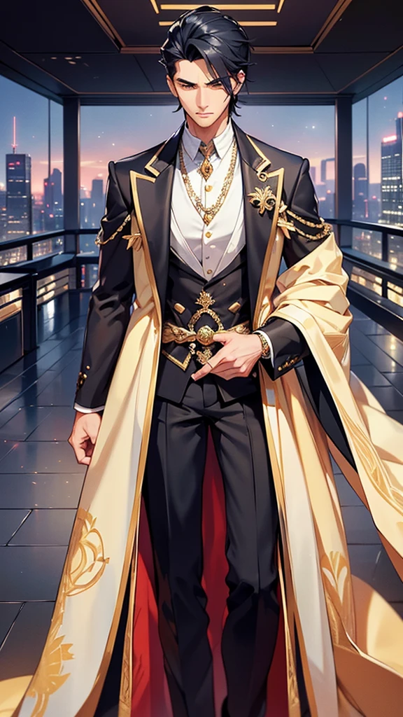
A strikingly handsome young man stands with an air of absolute confidence and superiority. He has a sharp, chiseled face with high cheekbones, a strong jawline, and piercing dark eyes that radiate arrogance and intelligence. His black hair is stylishly cut, with a few rebellious strands falling over his forehead, adding to his charismatic yet haughty demeanor. He wears a tailored, high-end suit made of luxurious fabric, subtly embroidered with patterns reminiscent of ancient mystical symbols, signifying his deep connection to his family's powerful legacy. Around his neck hangs an amulet with an intricate design, glowing faintly with a mystical energy, hinting at his extraordinary abilities.

**Background:**
The setting is a luxurious penthouse suite overlooking a sprawling modern cityscape. Floor-to-ceiling windows reveal a breathtaking view of towering skyscrapers and neon lights that illuminate the night sky. The interior of the suite is lavishly decorated with a blend of modern elegance and traditional elements, such as ancient artifacts and scrolls showcasing his family’s long history in cultivation. In the background, a sleek, high-tech cultivation chamber glows with an ethereal light, indicating the fusion of advanced technology and ancient practices. The young master stands at the center, exuding an aura of invincibility, as if the world itself bends to his will.