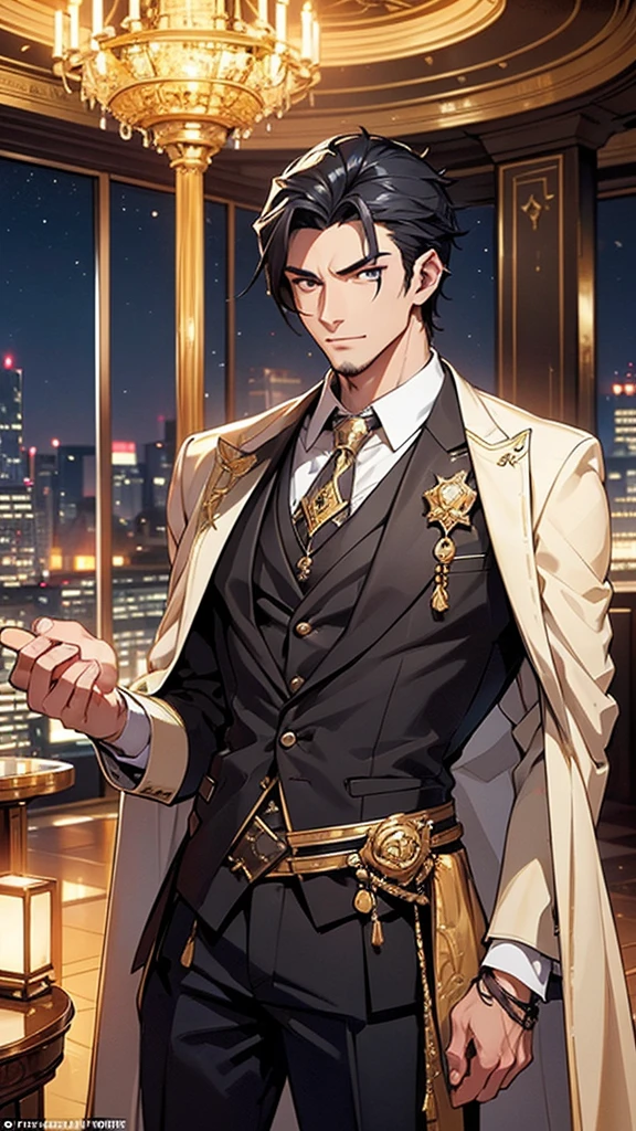 A strikingly handsome young man stands with an air of absolute confidence and superiority. He has a sharp, chiseled face with high cheekbones, a strong jawline, and piercing dark eyes that radiate arrogance and intelligence. His black hair is stylishly cut, with a few rebellious strands falling over his forehead, adding to his charismatic yet haughty demeanor. He wears a tailored, high-end suit made of luxurious fabric, subtly embroidered with patterns reminiscent of ancient mystical symbols, signifying his deep connection to his family's powerful legacy. Around his neck hangs an amulet with an intricate design, glowing faintly with a mystical energy, hinting at his extraordinary abilities.
**Background:**
The setting is a luxurious penthouse suite overlooking a sprawling modern cityscape. Floor-to-ceiling windows reveal a breathtaking view of towering skyscrapers and neon lights that illuminate the night sky. The interior of the suite is lavishly decorated with a blend of modern elegance and traditional elements, such as ancient artifacts and scrolls showcasing his family’s long history in cultivation. In the background, a sleek, high-tech cultivation chamber glows with an ethereal light, indicating the fusion of advanced technology and ancient practices. The young master stands at the center, exuding an aura of invincibility, as if the world itself bends to his will.