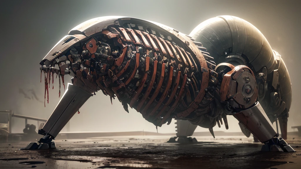 ((8K resolution))、((highest quality))、((masterpiece))、((Very detailed))((((dramatic))), (Anatomically correct)、The depth of the object to write、Looking at the camera、front、(Mechanical bones格、Mechanical boneechanical Cervical Vertebra、lipstick、Spit sludge from the mouth、Bloody)、spooky、an ominous、((theme、whole body:1.1)), SF、Biomechanics、Design、background:Maintenance Dock