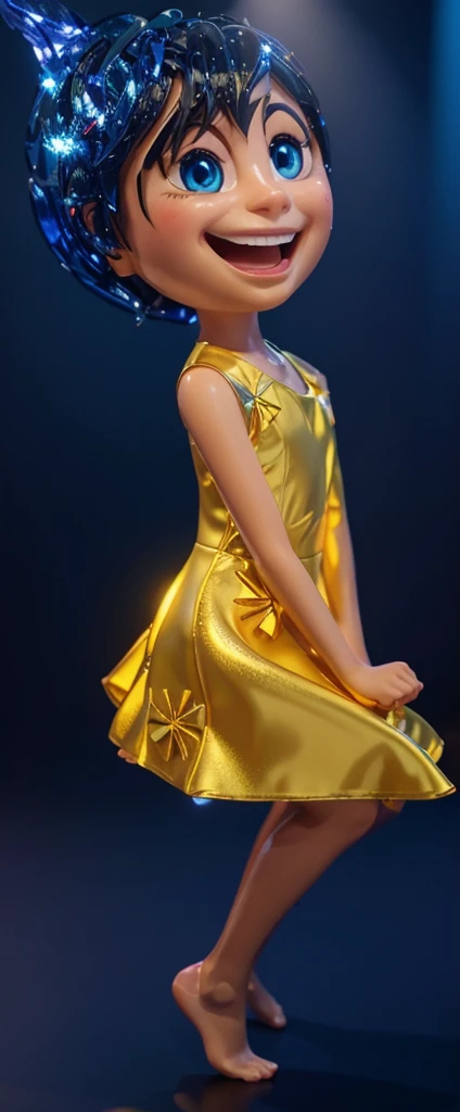 The image features a 3D animated female character standing against a blue background. She is wearing a yellow dress with a blue pattern on it, smooth 3d model, glossy plastic texture, multiple light sources, rim light, sharp post effects render, most beautiful vfx, , realistic, 4k, high resolution, rim light, smooth 3d model. , glossy texture, smooth 3d model, multiple light sources, rim light, sharp post effects render, (glossy plastic texture with multiple big light probe refractions), perfect cgi, reflective, best quality, 4k, masterpiece:1.2, ultra-detailed, realistic, vivid colors, The image of the highest quality, ensuring every detail showcased perfectly. It in 4k resolution, allowing viewers to immerse themselves in the richness of the colors and intricate details. The realistic rendering. under the spotlight, reflecting, high-resolution image, realistic rendering