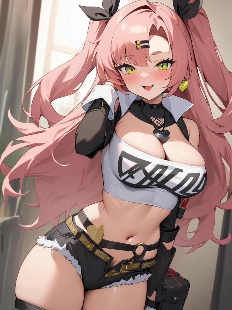 1girl, two_side_up,solo, large_breasts ,highres, nicole_demara,1girl,hair_ribbon, crop_top, looking_at_viewer, cowboy shot, masterpiece, best quality, absurdres, newest, posing sexy