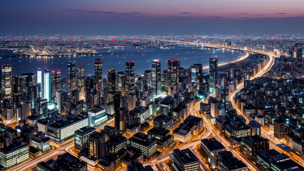 new tokyo、Night view、metropolis、Side view、Clean Digital Art、Futuristic City、I can see the bay in the distance