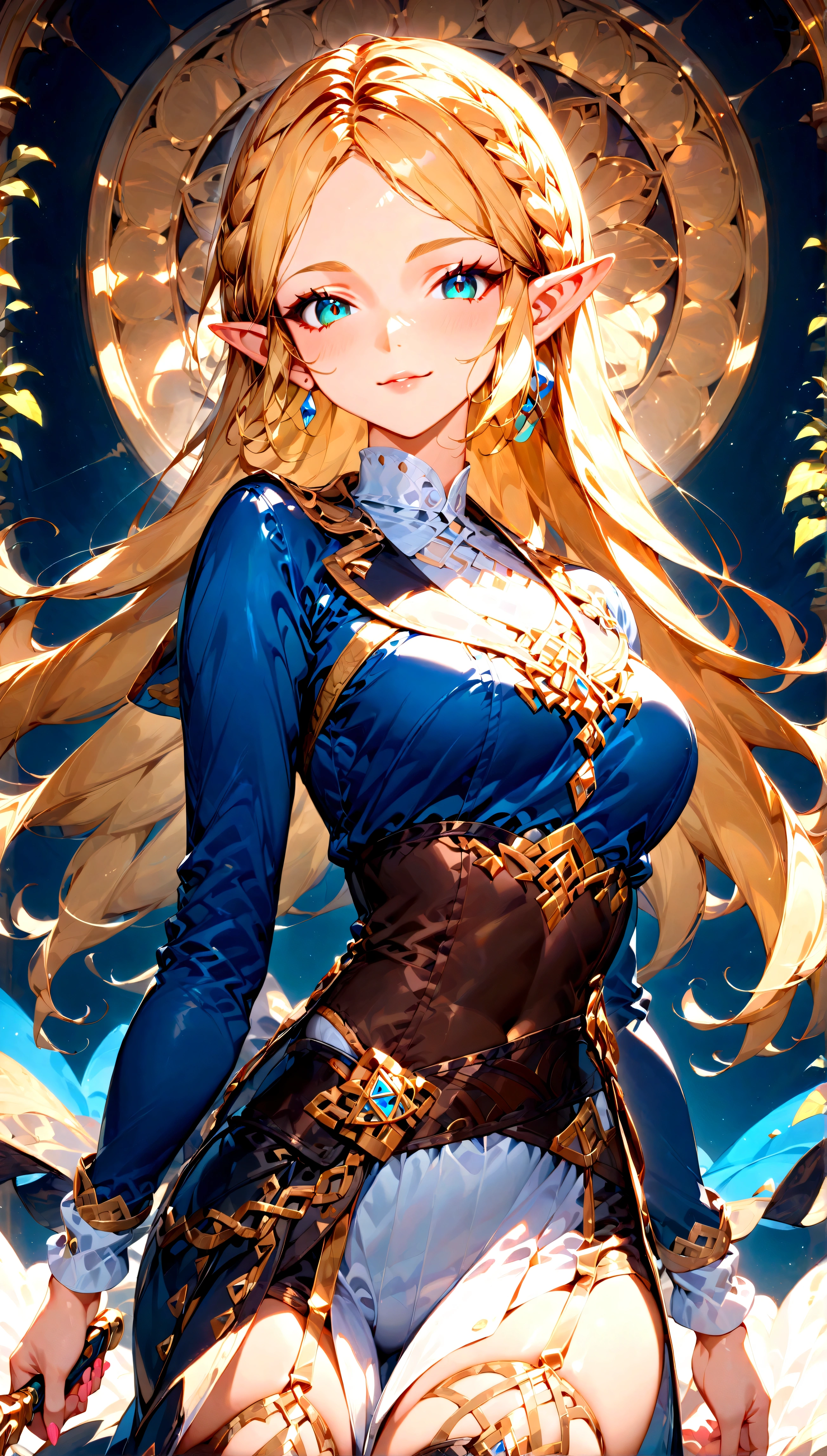 score_9, score_8_up, score_7_up, score_6_up, masterpiece, top quality, best quality, official art, beautiful and aesthetic, anime_source, centered, cinematic scene, cowboy shot, brush stroke, 1girl, zelda, long blonde hair, abstract background, epic composition, epic proportion, 8K, Expressiveh