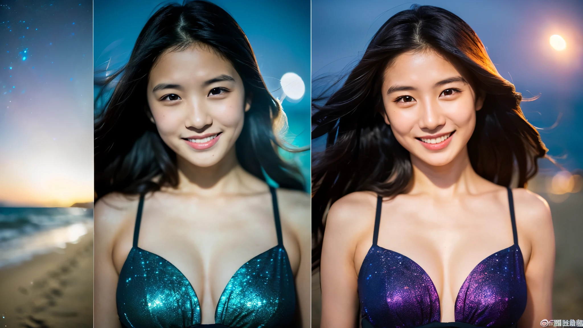 (((one image)))、(((only one woman)))、A 20-year-old woman with a very cute face like an idol、Smile a little,(Cleavage)、(((Beautiful starry sky on the beach at night)))、((cinematic lighting))、(((The lighting is dim, with only starlight.)))、((Long-distance shot))、RAW Photos、Genuine、live-action、((live-actionと見分けがつかないクオリティ))、(Artistic Expression)、High resolution、masterpiece