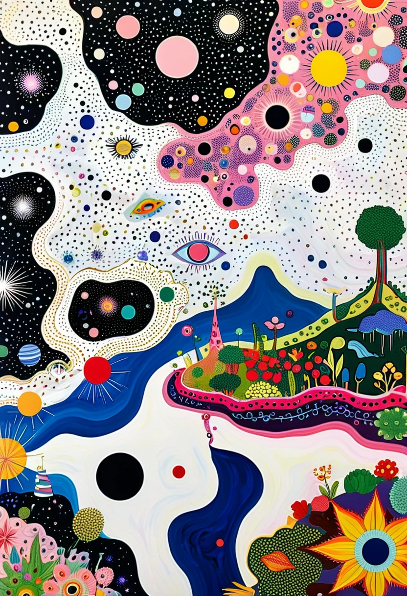 intense visuals,Multi-element fusion,bud,microorganism、plant、Marine life、(((Many eyes)))、Starry Sky,Stitching together an abstract painting,Describing the inner world of autistic people,(((Sense of space,White Space,clean,Anti-aliasing,))),Pointillism method,Density,Psychedelic Art,pink