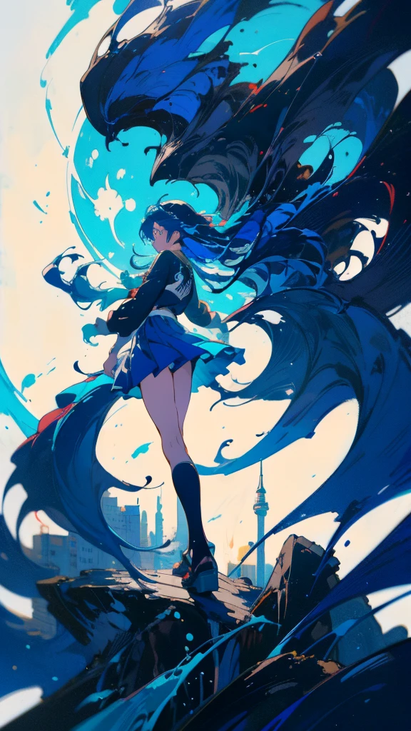 Blue-haired long hair,Design clothing,Seven-doppelganger shot,Anime style 4K,Anime girl with teal hair,High quality anime art style,Standing painting,Splash ink background,Blue Themes、Pure white background,Buildings,Face close-up,Buildings,Moon and sun、Long legs, whale flying in the sky,鯨,whale