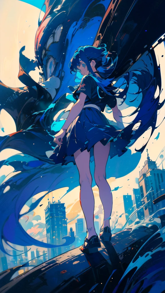 Blue-haired long hair，Design clothing，Seven-doppelganger shot，Anime style 4K，Anime girl with teal hair，High quality anime art style，Standing painting，Splash ink background，Blue Themes、Pure white background,Buildings,Face close-up,Buildings,Moon and sun、Long legs, whale flying in the sky,鯨,whale