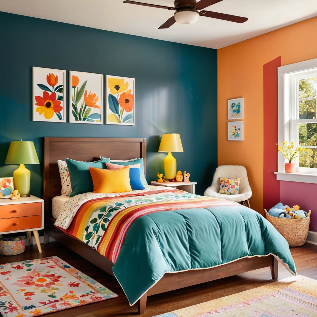 inside of a childs room, there is a bed with a colorful comforter, painted walls iron bark, radiant morning light, a picture on a nightstand