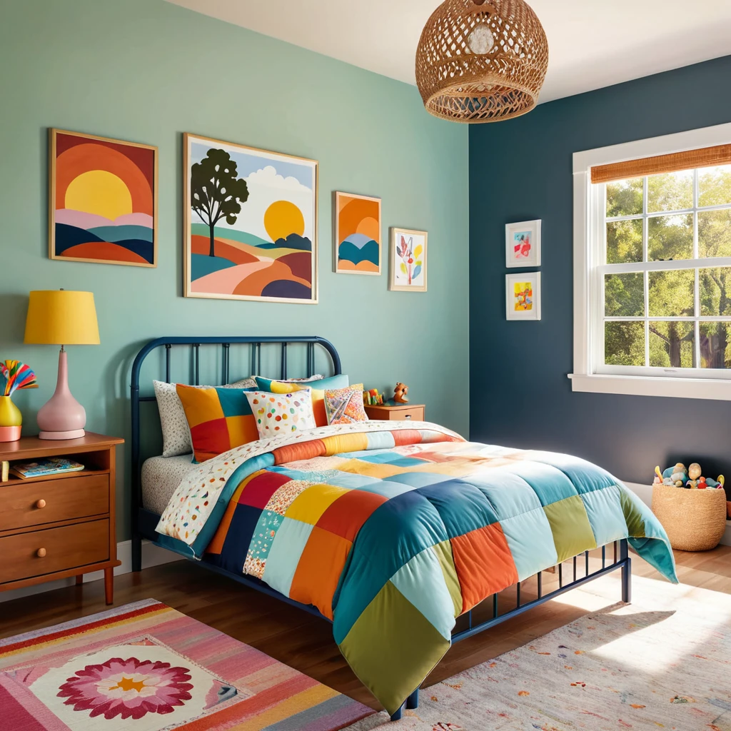inside of a childs room, there is a bed with a colorful comforter, painted walls iron bark, radiant morning light, a picture on a nightstand