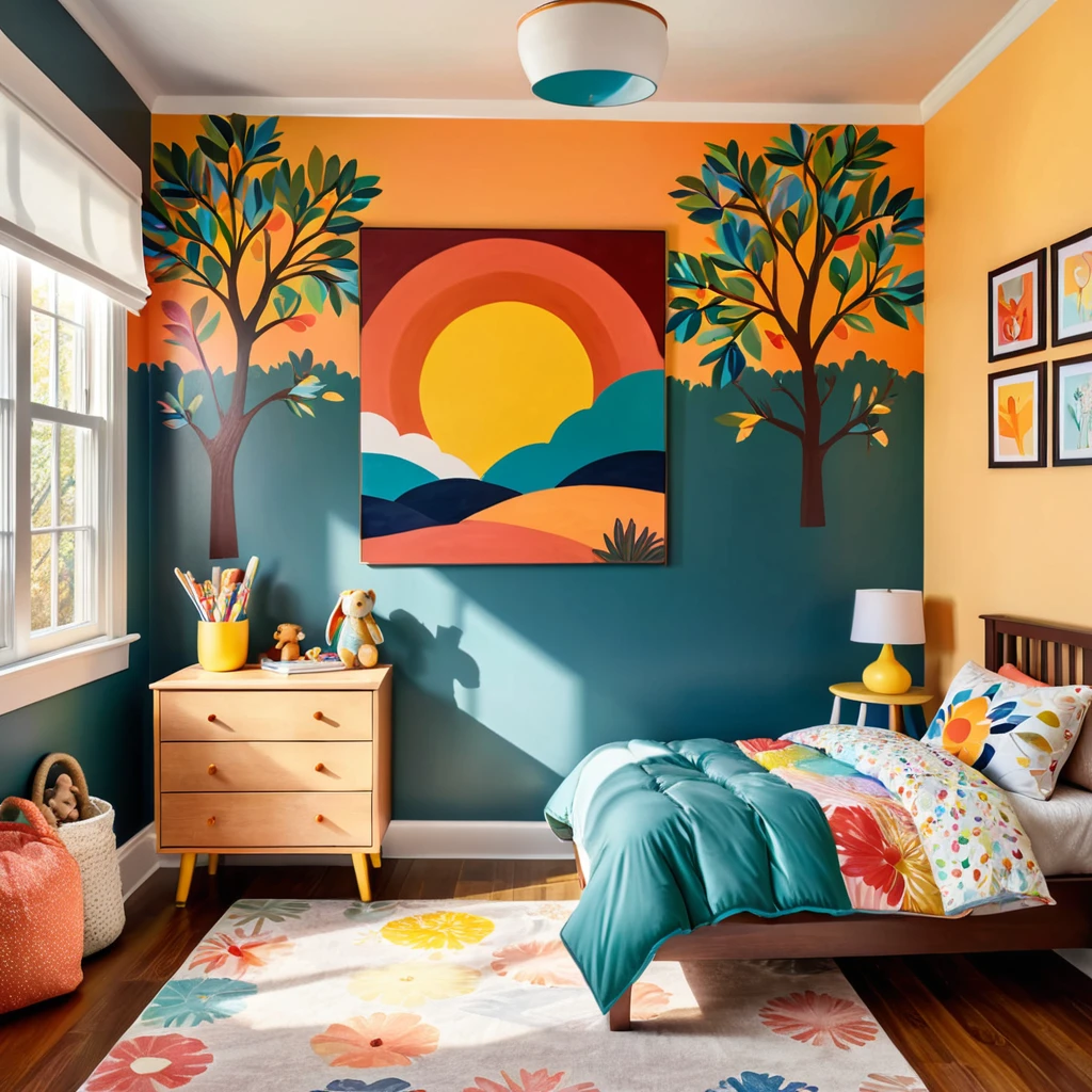 inside of a childs room, there is a bed with a colorful comforter, painted walls iron bark, radiant morning light, a picture on a nightstand
