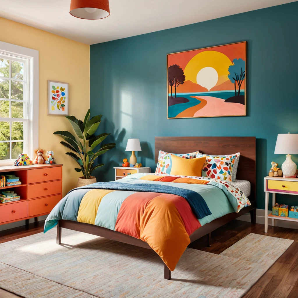 inside of a s room, there is a bed with a colorful comforter, painted walls iron bark, radiant morning light, a picture on a nightstand