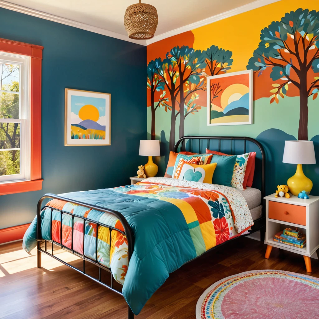 inside of a childs room, there is a bed with a colorful comforter, painted walls iron bark, radiant morning light, a picture on a nightstand