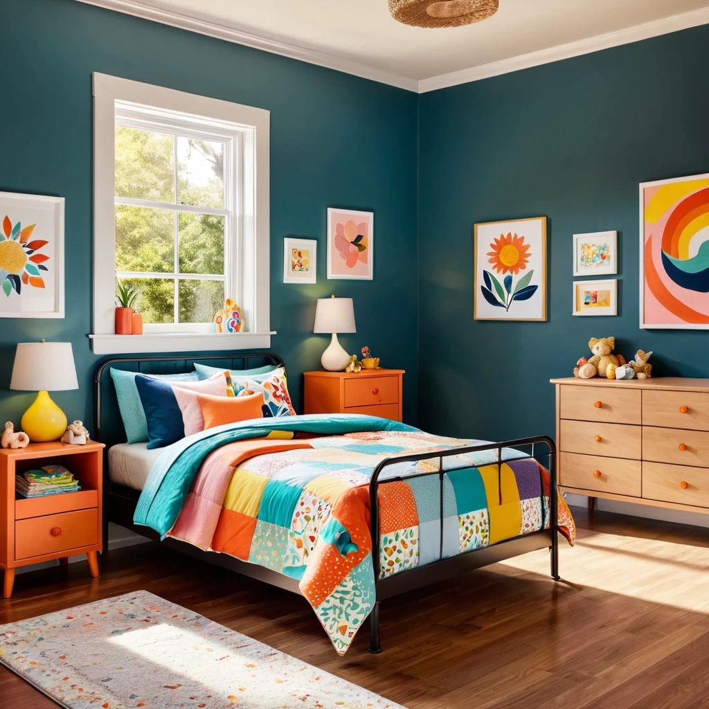 inside of a childs room, there is a bed with a colorful comforter, painted walls iron bark, radiant morning light, a picture on a nightstand
