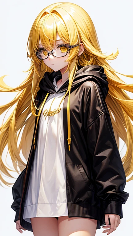 Highest quality、White background、(((One girl)))、(((he is short)))、yandere face、((BREAK Light yellow straight hair))、(((Are thin)))、Yellow Eyes、Round Glasses、((((Stylish))))、(((Black hoodie)))、