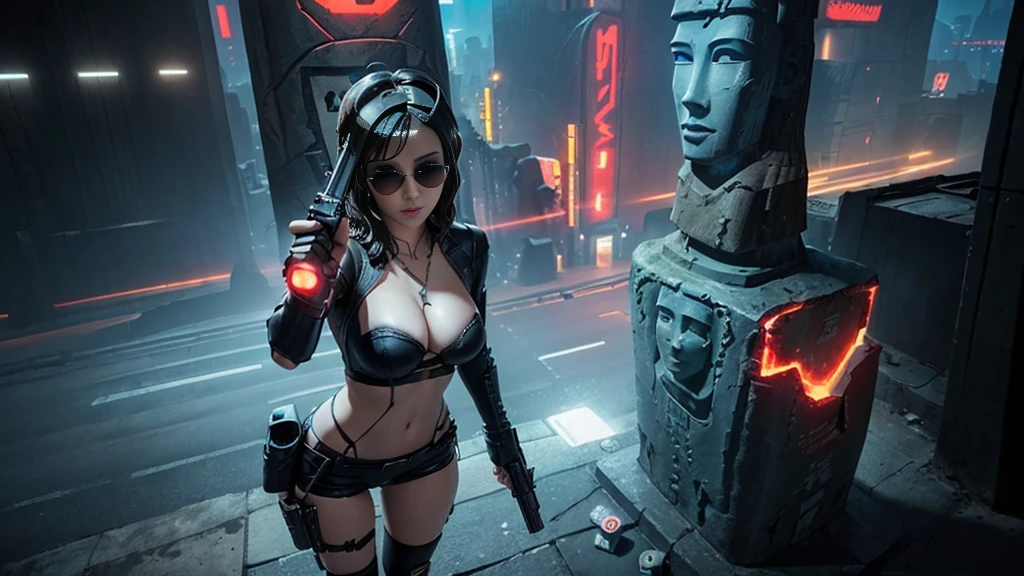 At night, dark sky, aerial view of fantasy cyberpunk style ((Moai-statue)) city, ((flying vehicle)). ((1girl, solo, alone)), photo realistic, medium-breast:1.1 slim body, cleavage, sexy clothes, (black sunglasses), (((hip-up standing and pistol aiming pose))), half-body thigh level medium shot, cinematic lighting.