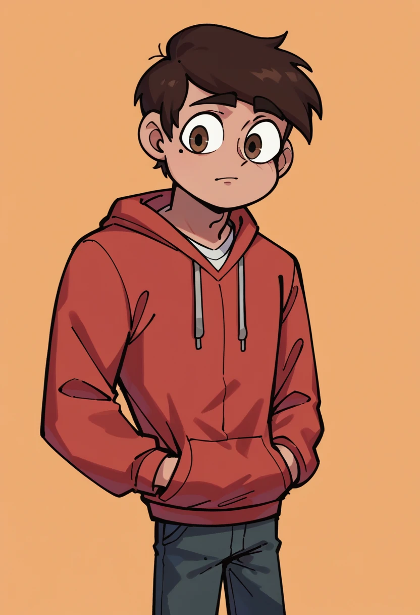 score_9, score_8_up, score_7_up, score_6_up, score_5_up, 1boy, marco diaz, brown hair, red hoodie, mole under eye, pants, solo, 
orange background, 