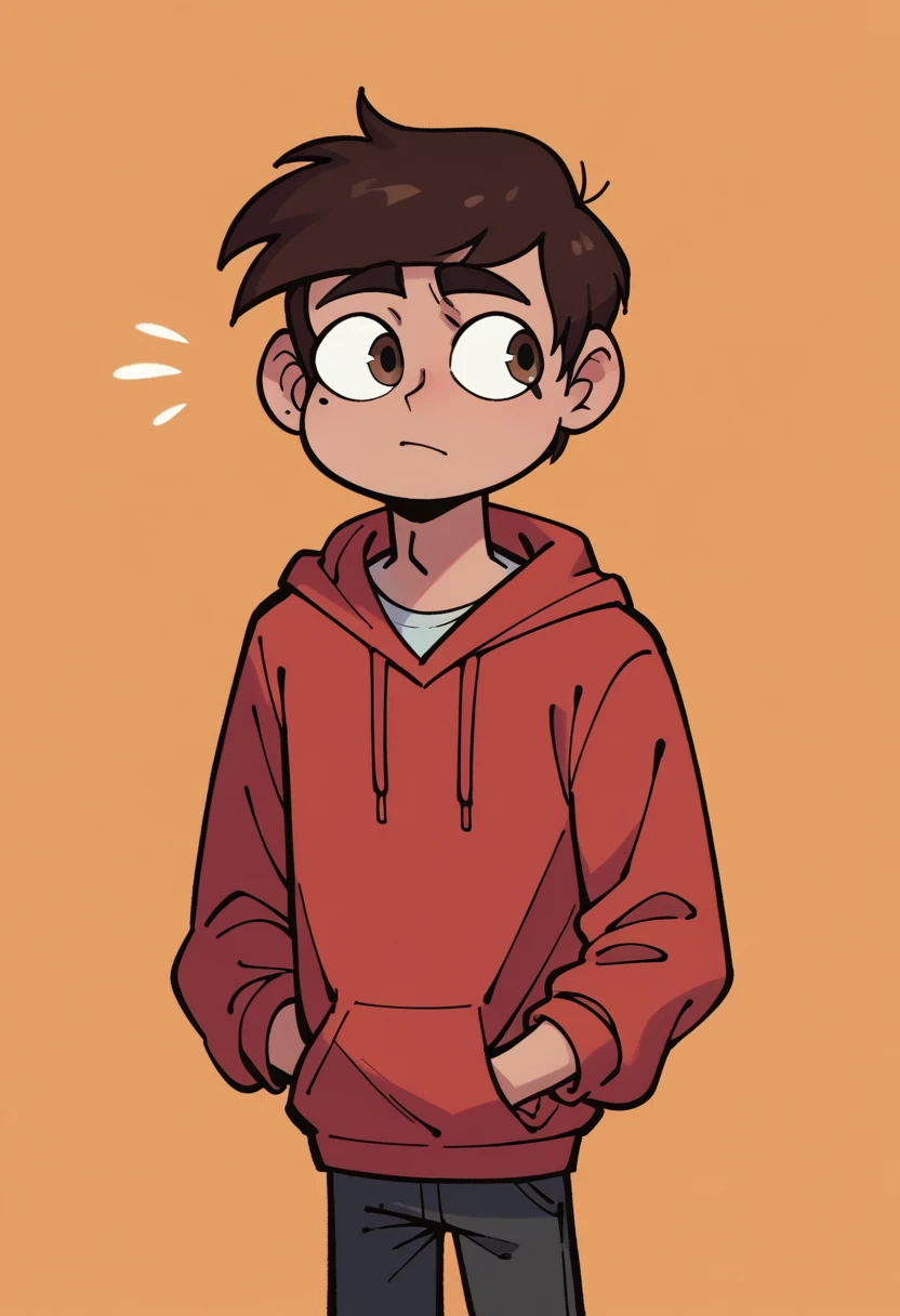 score_9, score_8_up, score_7_up, score_6_up, score_5_up, 1boy, marco diaz, brown hair, red hoodie, mole under eye, pants, solo, 
orange background, 