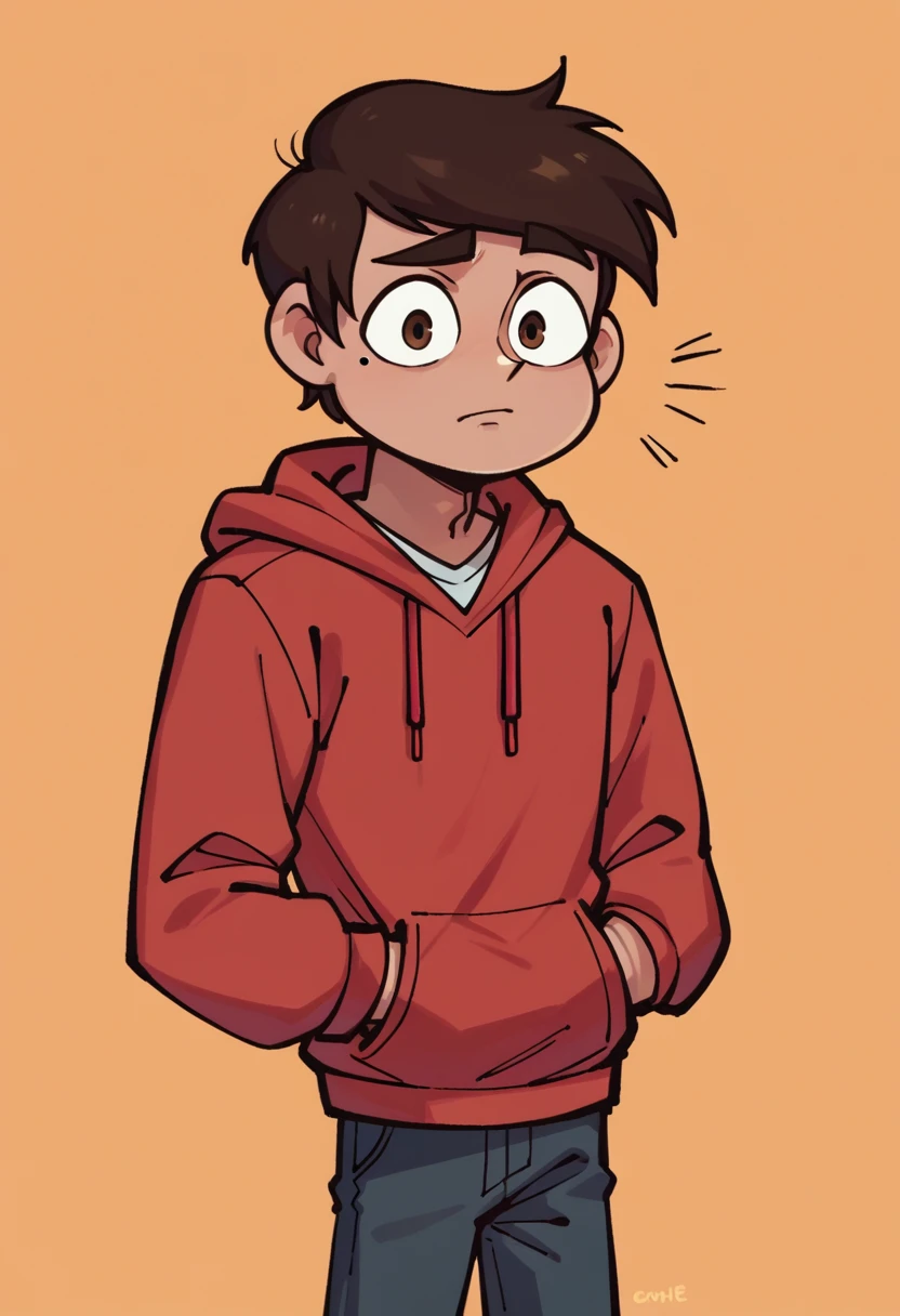 score_9, score_8_up, score_7_up, score_6_up, score_5_up, 1boy, marco diaz, brown hair, red hoodie, mole under eye, pants, solo, 
orange background, 