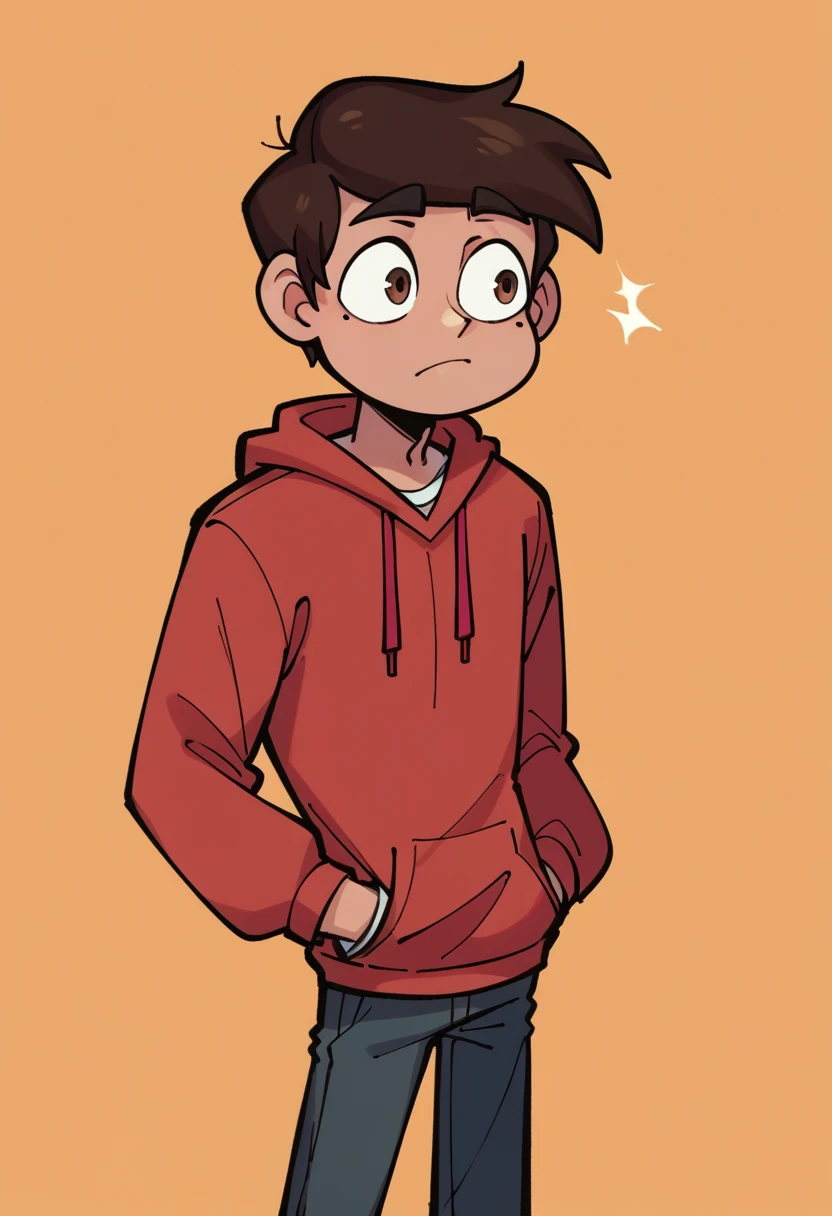 score_9, score_8_up, score_7_up, score_6_up, score_5_up, 1boy, marco diaz, brown hair, red hoodie, mole under eye, pants, solo, 
orange background, 