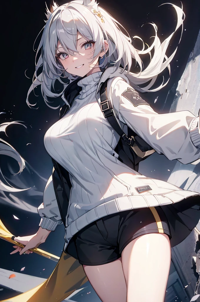  Concept Art, white Background, simple Background, White hair, Silver gradient hair , Composite cloth, Virtual YouTuber, best quality, masterpiece, Dynamic Angle, , cowboy_shooting, Watching_Back, grab, girl,Miss,woman, young,20 years old, , Hair Flip, Silver Hair, Flowing hair, Ahog, giggle, Beautiful and delicate golden eyes, teeth, Large Breasts, Blonde eyes, White skin, hoodie, Black_shorts, Gray clothes, transparent_Background, Backlighting, absurd, high resolution, Extremely detailed,sweater,Smile