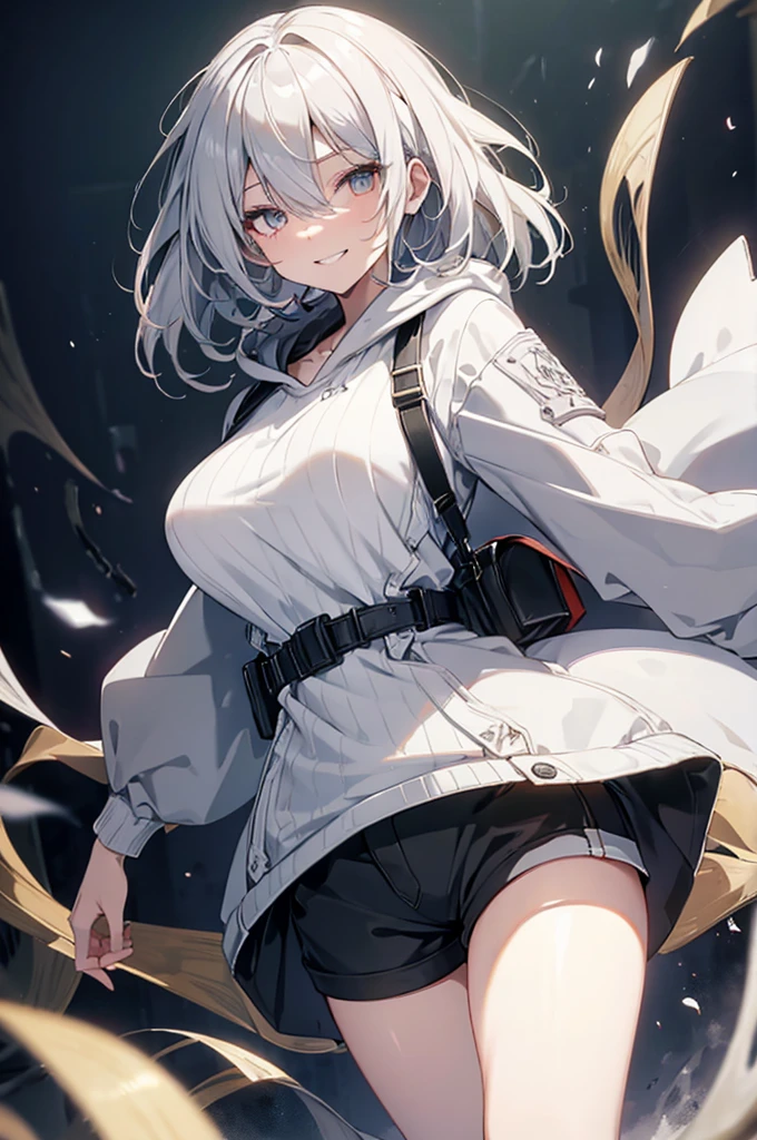  Concept Art, white Background, simple Background, White hair, Silver gradient hair , Composite cloth, Virtual YouTuber, best quality, masterpiece, Dynamic Angle, , cowboy_shooting, Watching_Back, grab, girl,Miss,woman, young,20 years old, , Hair Flip, Silver Hair, Flowing hair, Ahog, giggle, Beautiful and delicate golden eyes, teeth, Large Breasts, Blonde eyes, White skin, hoodie, Black_shorts, Gray clothes, transparent_Background, Backlighting, absurd, high resolution, Extremely detailed,sweater,Smile