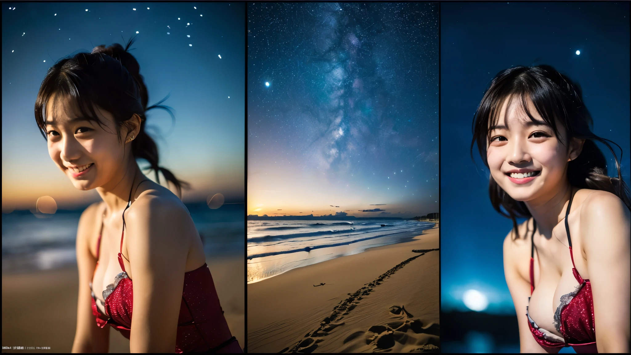 (((One screen must not be split)))、A 20-year-old woman with a very cute face like an idol、Smile a little,(Cleavage)、(one piece)、(((Beautiful starry sky on the beach at night)))、((cinematic lighting))、(((The lighting is dim, with only starlight.)))、((Long-distance shot))、RAW Photos、Genuine、live-action、((live-actionと見分けがつかないクオリティ))、(Artistic Expression)、High resolution、masterpiece