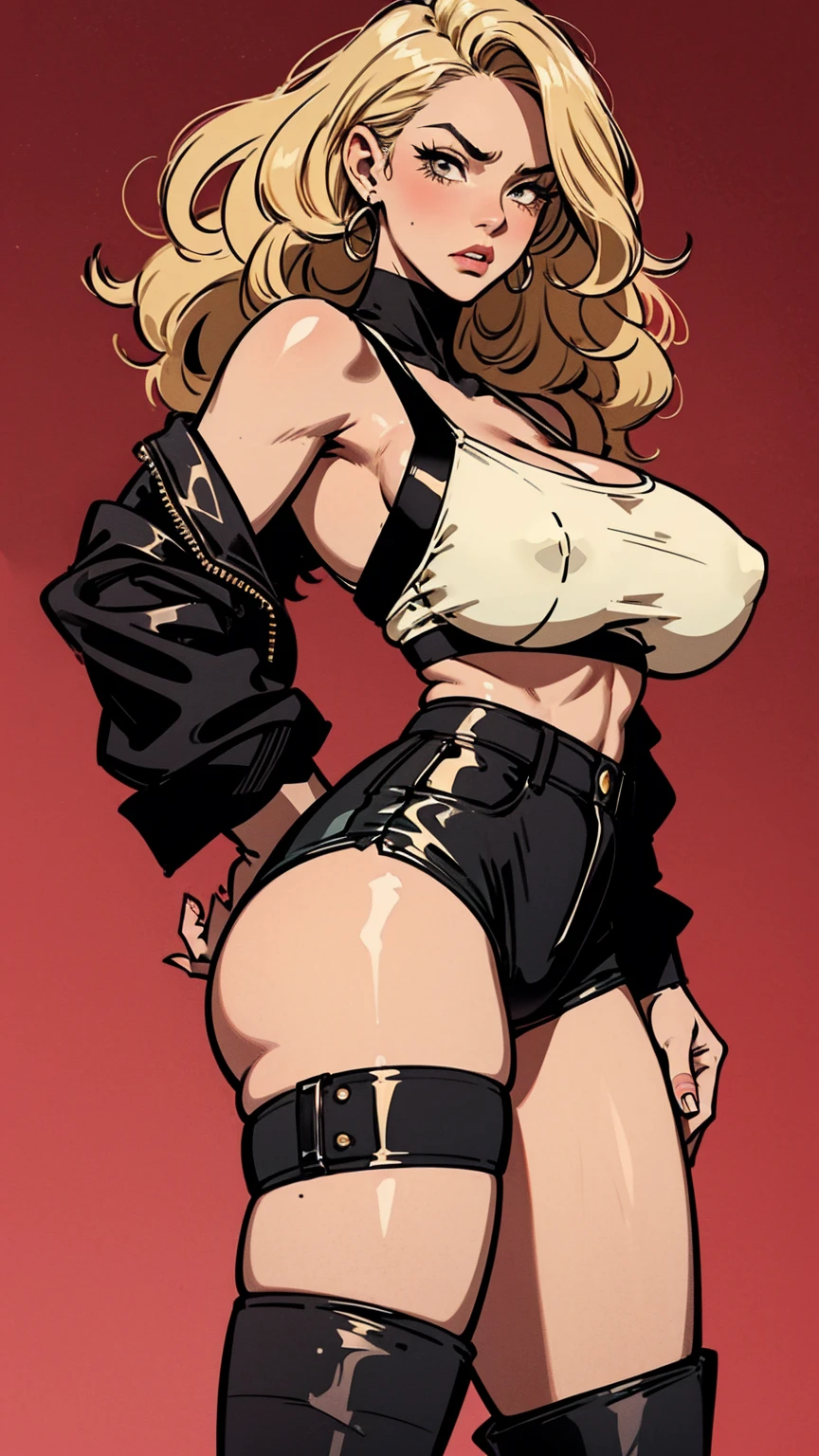 Young woman, hot toned body, thick breasts, annoyed expression, wild frizzy blonde hair, leather short shorts, sexy athletic legs, thigh highs,