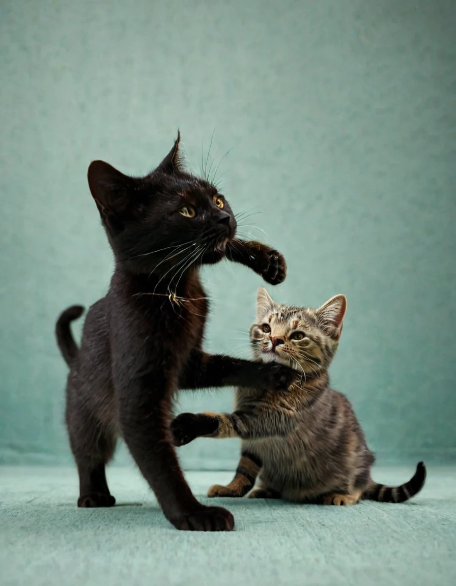 An illustration of two cats playing together like a scene from an action movie