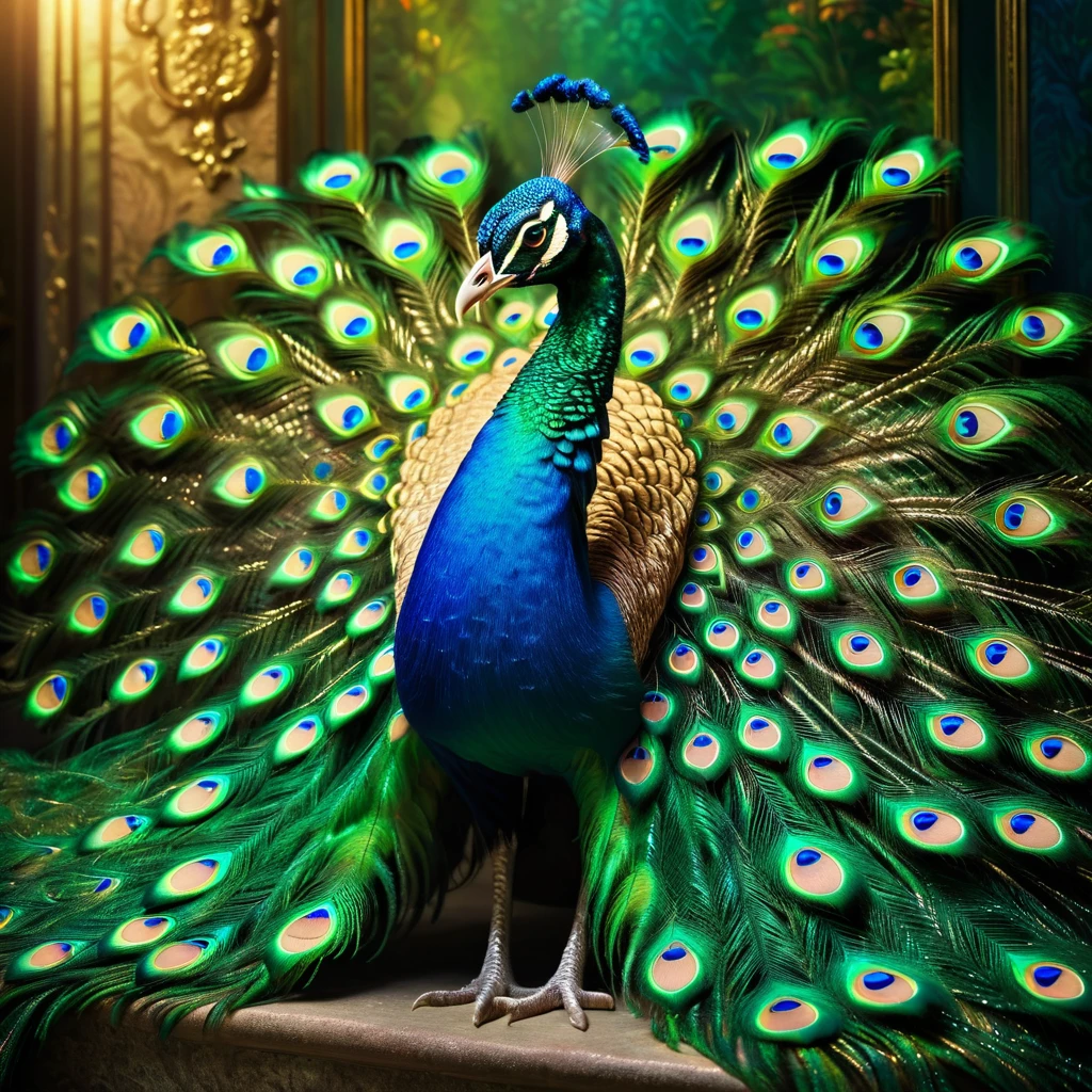 Peacock,Front upright,Peacock开屏,Green feathers,fantasy,Colorful tones,masterpiece,Dramatic ethereal beauty,(panoramic视角1.2),Soft lighting,reflected light,panoramic