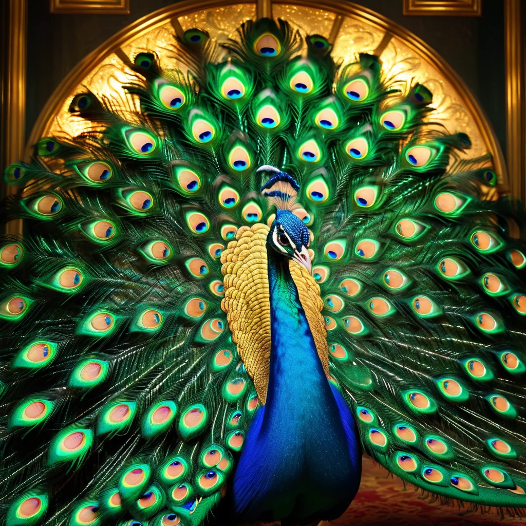 Peacock,Front upright,Peacock开屏,Green feathers,fantasy,Colorful tones,masterpiece,Dramatic ethereal beauty,(panoramic视角1.2),Soft lighting,reflected light,panoramic