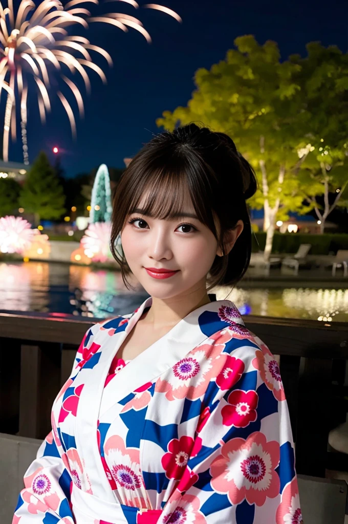 firework Display,8K,Professional Lighting ,Near and far in the air ,Ultra-high resolution ,(Like the picture: 1.1) ,Detailed face ,pretty girl ,Patterned yukata ,Smiling, looking up at the sky、profile、,firework ,Pause ,(Breast bulge: 1.1) ,Soft Light ,Big River ,ponytail ,Wide-angle camera、With a beer in hand、cheers