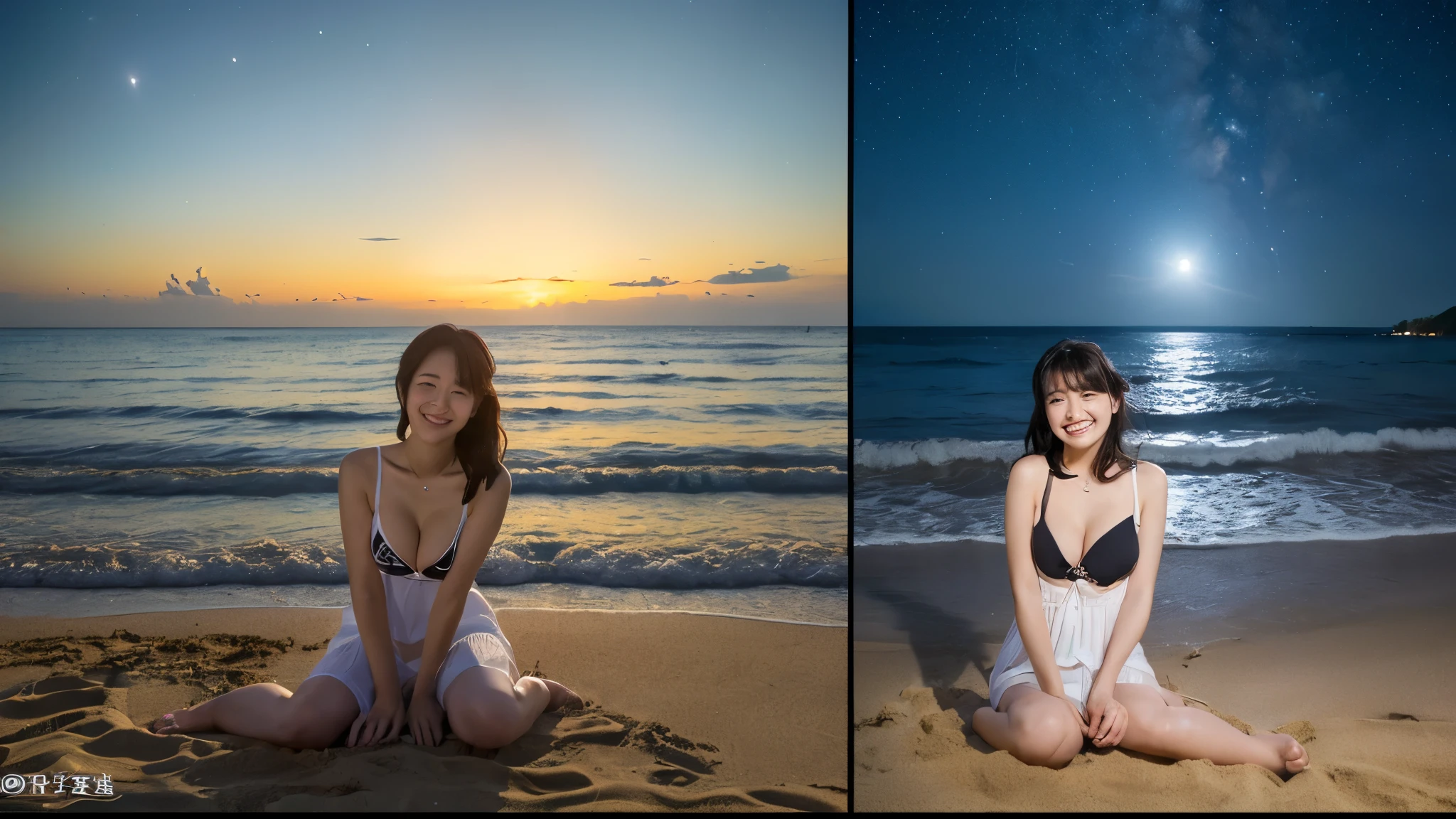 (((One screen must not be split)))、A 20-year-old woman with a very cute face like an idol、Smile a little,(Cleavage)、(one piece)、(((Beautiful starry sky on the beach at night)))、((cinematic lighting))、(((The lighting is dim, with only starlight.)))、((Long-distance shot))、RAW Photos、Genuine、live-action、((live-actionと見分けがつかないクオリティ))、(Artistic Expression)、High resolution、masterpiece