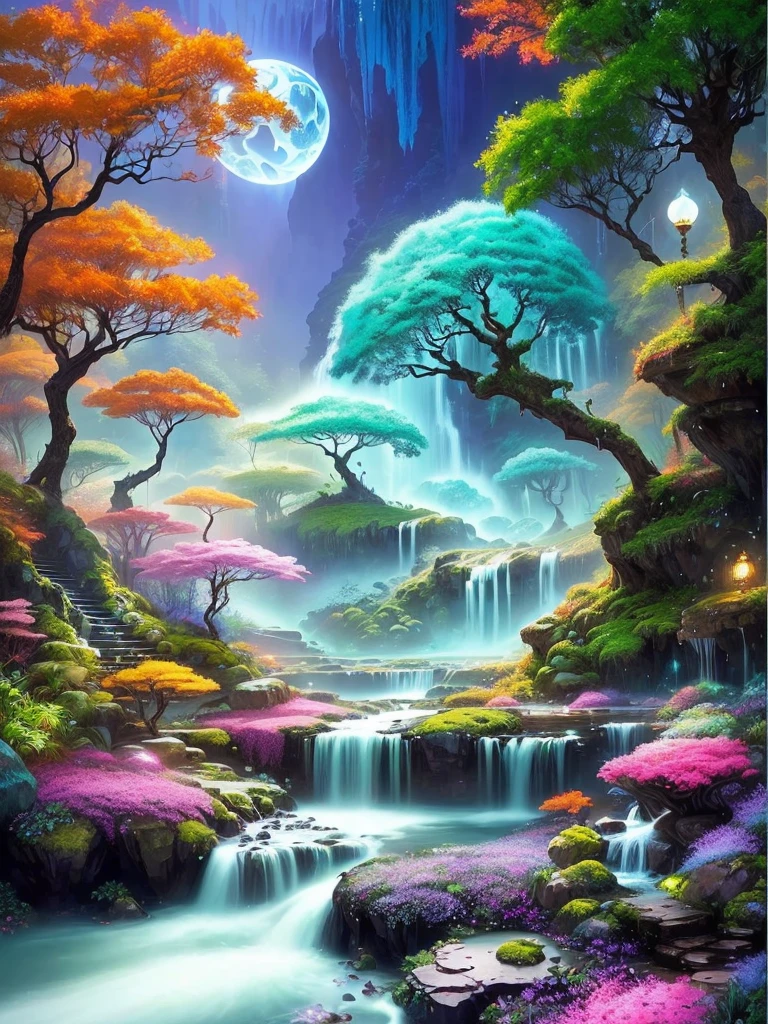 A painting of a waterfall and a forest with a waterfall, magical The Jungle Book, The Jungle Book, enchanted magical The Jungle Book, Magical scenery, The Jungle Book landscape, Magic Fairytale Forest, extraordinary rich and colorful landscape, Enchanted Forest backround, Mysterious fantasy landscape, Enchanted Forest, Whimsical fantasy landscape art, Enchanted Forest in the background, a The Jungle Book, Enchanted Forest, Wizarding World. rich and colorful