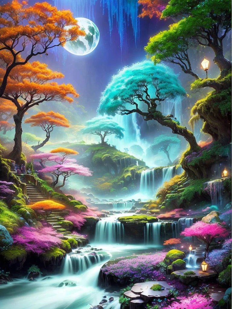 A painting of a waterfall and a forest with a waterfall, magical The Jungle Book, The Jungle Book, enchanted magical The Jungle Book, Magical scenery, The Jungle Book landscape, Magic Fairytale Forest, extraordinary rich and colorful landscape, Enchanted Forest backround, Mysterious fantasy landscape, Enchanted Forest, Whimsical fantasy landscape art, Enchanted Forest in the background, a The Jungle Book, Enchanted Forest, Wizarding World. rich and colorful